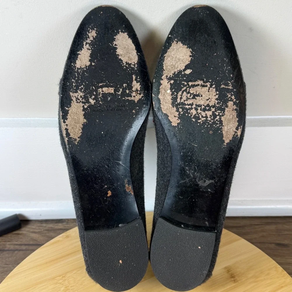Stuart Weitzman Women 9M Ballet Flats‎ Grey Wool Embroidered Floral Cottagecore